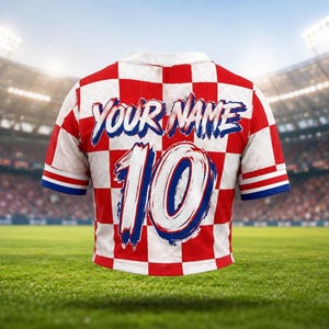 May include: A red and white checkered soccer jersey with the text "YOUR NAME" and the number "10" in blue and white. The jersey has white sleeves with blue stripes and is displayed on a green field.