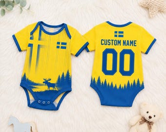 Personalisiert Schweden Baby Fußball Bodysuit, Benutzerdefinierte Name Nummer Fußball Strampelanzug, Schwedische Flagge Säugling Outfit, Neugeborenen Fan Geschenk