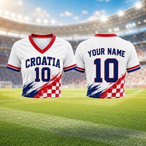 Pode incluir: Camisola de futebol branca da Cro&aacute;cia com detalhes em vermelho e azul. A frente exibe "CRO&Aacute;CIA" e o n&uacute;mero "10" em azul. A parte de tr&aacute;s apresenta "YOUR NAME" e o n&uacute;mero "10". O design incorpora as cores da bandeira croata.