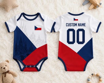 Personalisierter Tschechischer Baby Fußball Bodysuit, Benutzerdefinierte Name Nummer Fußball Onesie, Tschechische Flagge Säugling Outfit, Neugeborenen Fan Geschenk