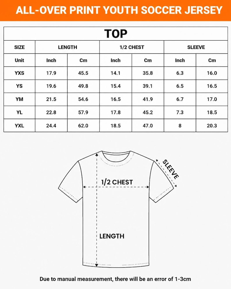 Puede incluir: Imagen de una camiseta de f&uacute;tbol juvenil blanca con una tabla de tallas. La tabla proporciona medidas en pulgadas y cent&iacute;metros para largo, medio pecho y manga para tallas YXS a YXL. El texto superior dice "ALL-OVER PRINT YOUTH SOCCER JERSEY".