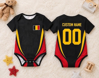 Personalisierter Belgien Baby Jersey Body, Benutzerdefinierte Name Nummer Fußball Strampelanzug, Belgische Flagge Säugling Outfit, Neugeborene Fußball Fan Geschenk