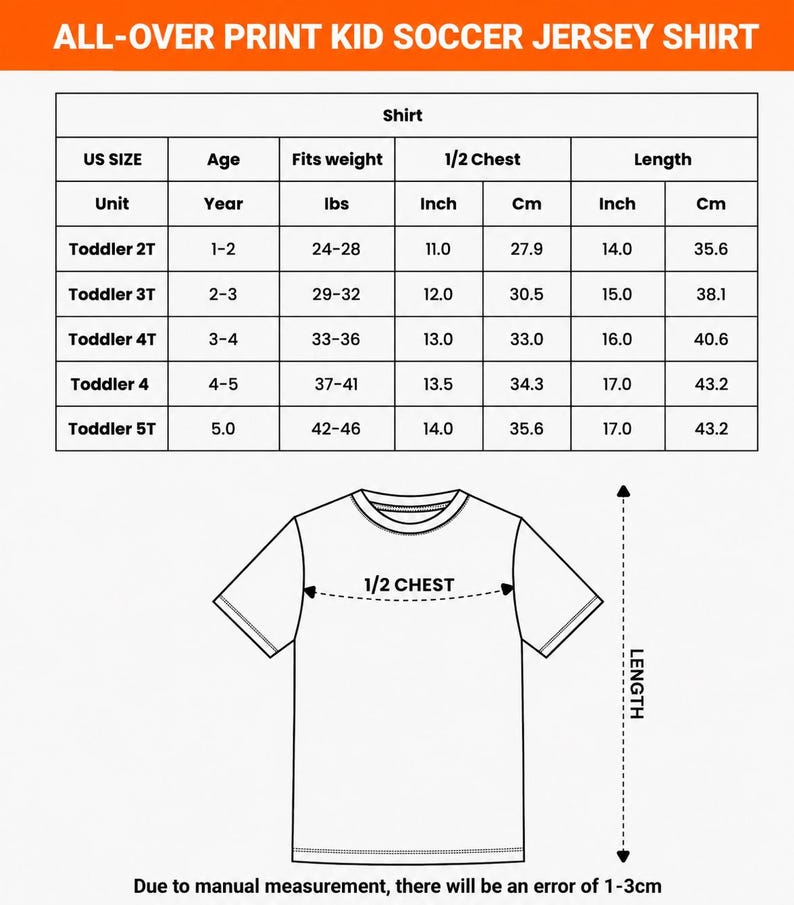 Puede incluir: Camiseta de f&uacute;tbol blanca para ni&ntilde;os peque&ntilde;os con tabla de tallas. La tabla incluye medidas de pecho y largo en cent&iacute;metros. El texto "ALL-OVER PRINT KID SOCCER JERSEY SHIRT" est&aacute; en la parte superior.