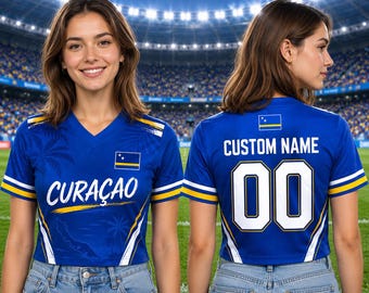 Personalisiertes Curacao Jersey, personalisiertes Fußball Crop Top, Curacao Flagge Shirt, personalisiertes Fußball Top, Island Pride Fan Geschenk
