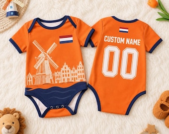 Nederländska babybody, holländsk fotbollsdräkt, anpassad namn- och nummerdräkt för spädbarn, nederländsk flagga babyshowerpresent