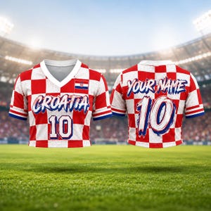 May include: Croatia soccer jersey with a red and white checkered pattern. The front displays "CROATIA" and the number "10" in blue. The back features "YOUR NAME" and the number "10". The jersey has a V-neck and blue accents.