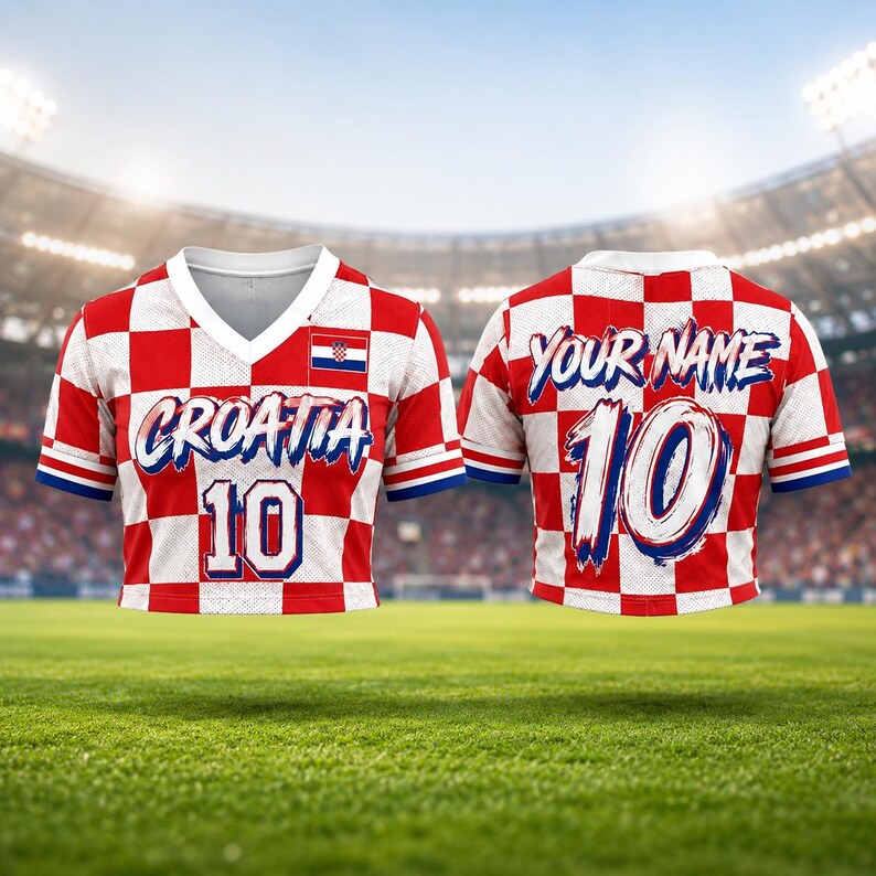 May include: Croatia soccer jersey with a red and white checkered pattern. The front displays "CROATIA" and the number "10" in blue. The back features "YOUR NAME" and the number "10". The jersey has a V-neck and blue accents.