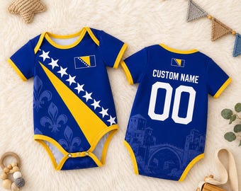 Personalisierter Bosnien-Baby-Fußball-Bodysuit, benutzerdefinierte Name Anzahl Fußball-Strampelanzug, Bosnien-Flagge, Säuglings Outfit, Neugeborenen Fan Geschenk