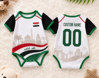 Personalisierte irakische Baby-Bodysuit, benutzerdefinierte Name Anzahl Säuglings-Fußball-Trikot, irakische Flaggen-Baby-Outfit, Fußballfan-Baby-Geschenk