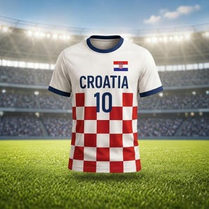 May include: White Croatia soccer jersey with blue trim and the number 10. The jersey features the Croatian flag and the word "CROATIA" in blue. The lower half of the jersey has a red and white checkered pattern.