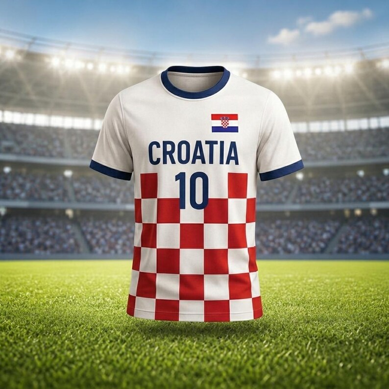 May include: White Croatia soccer jersey with blue trim and the number 10. The jersey features the Croatian flag and the word "CROATIA" in blue. The lower half of the jersey has a red and white checkered pattern.