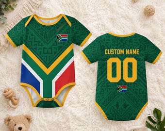 Personalized South Africa Baby Soccer Bodysuit, Custom Name Number Football Onesie, South African Flag Infant Outfit, Newborn Fan Gift