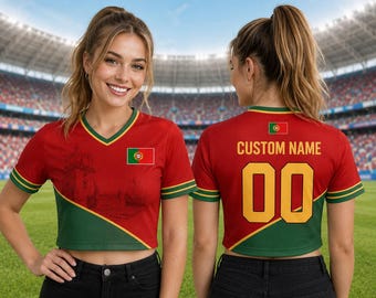Benutzerdefinierte Portugal Trikot, personalisierte Fußball Crop Top, Portugal Flagge Shirt, Frauen Fußball Top, benutzerdefinierter Name portugiesischer Fan Geschenk