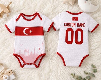 Personalisierter Türkei Baby-Fußball-Bodysuit, benutzerdefinierter Name Anzahl Fußball-Strampelanzug, türkische Flagge, Säuglings-Outfit, Neugeborenen Fan Geschenk
