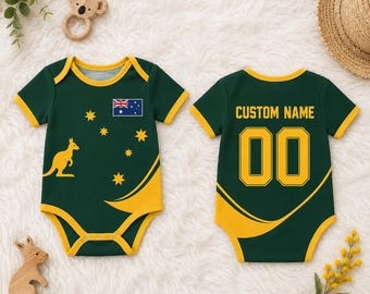 Personalisierte Australien-Baby-Bodysuit, benutzerdefinierter Name Aussie Onesie, Australien-Flaggen-Baby-Outfit, Känguru-Babygeschenk
