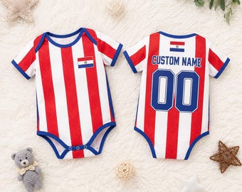 Paraguay Baby-Fußball-Body, kundenspezifische Name Zahl Fußball Strampelanzug, Paraguay-Flaggen-Säuglings-Outfit, Neugeborenen Fan Geschenk