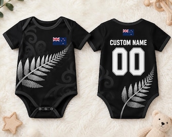 Personalisierter Neuseeland Baby Fußball Bodysuit, Benutzerdefinierte Name Nummer Fußball Onesie, Kiwi Flagge Säugling Outfit, Neugeborenen Fan Geschenk