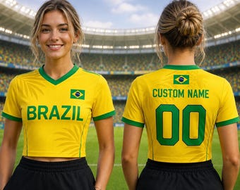 Benutzerdefinierte Brasilien Jersey, personalisierte Fußball Crop Top, Brasilien Flagge Shirt, benutzerdefinierte Name Fußball Top, Brasilien Fan Shirt, Geschenk für sie