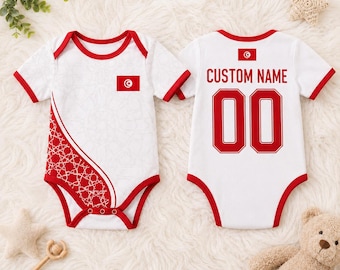 Personalisierter Tunesien-Fußball-Bodysuit, kundenspezifisches Säuglings-Fußballkit, tunesische Flaggen-Baby-Strampler, roter weißer geometrischer Strampler