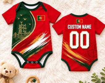 Personalisierter Portugal-Baby-Fußball-Bodysuit, benutzerdefinierte Name Anzahl Fußball-Strampler, portugiesische Flagge, Säuglingsoutfit, Neugeborenen-Fangeschenk