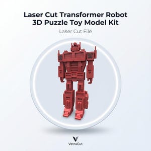 May include: A red laser-cut Transformer robot 3D puzzle toy model kit. The robot is standing upright with detailed features and is set against a white background. The text "Laser Cut Transformer Robot 3D Puzzle Toy Model Kit" is at the top.