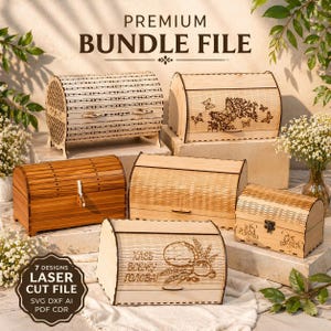May include: A collection of seven wooden laser-cut file designs, including bread boxes and decorative chests. The boxes feature various patterns, including butterflies, woven textures, and engraved designs. The image includes the text "PREMIUM BUNDLE FILE" and "LASER CUT FILE".