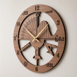 May include: A round wooden wall clock with a mathematical theme. The clock features a dark brown finish, gold-colored hands, and numbers and symbols representing mathematical concepts. The clock measures approximately 12 inches in diameter.