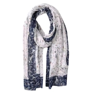 Scarf White Navy with Hummingbirds.
