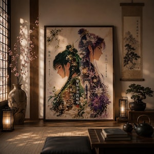 May include: A rectangular wall art print featuring two anime-style characters in profile, surrounded by floral elements and Chinese text. The artwork displays a person with dark green hair and another with purple hair, set against a light background.