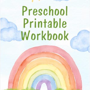 Puede incluir: Ilustración en acuarela de un cuaderno de trabajo imprimible para preescolar. La portada presenta un sol sonriente, nubes esponjosas, un arcoíris y el texto "Preschool Printable Workbook". Hierba verde y el texto "By: Lis" en la parte inferior.