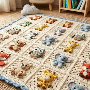 Peut inclure: Une couverture en crochet couleur crème composée d'une grille de panneaux carrés, chacun orné d'un motif d'animal en peluche en relief incluant des renards, ours, hiboux, éléphants, girafes et lapins, avec une bordure festonnée bleu clair.