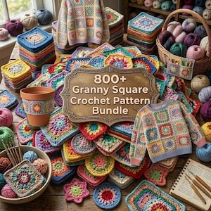 Może przedstawiać: Kolekcja wielokolorowych szydełkowych kwadratów, sweter i osłonka na doniczkę z terakoty. Centralny znak głosi 800+ Granny Square Crochet Pattern Bundle. Zawiera kłębki włóczki w koszyku, miskę z szydełkami oraz książkę ze wzorami.
