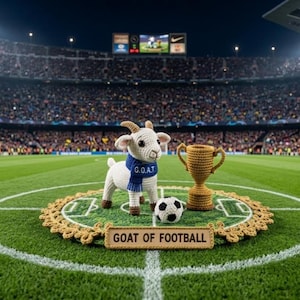 Puede incluir: Una figura de cabra tejida a ganchillo de color blanco con una bufanda azul con el texto G.O.A.T. bordado, junto a un balón de fútbol tejido y un trofeo dorado, con un letrero rectangular delante que dice GOAT OF FOOTBALL.
