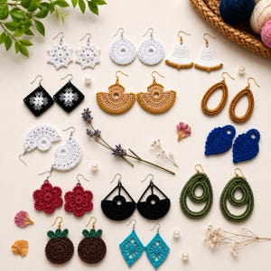 May include: A collection of various crochet earrings in diverse shapes and colors, including white snowflake, circular, bell, and fan designs, black diamond and geometric shapes, red flower, blue leaf, green oval, and turquoise diamond patterns.
