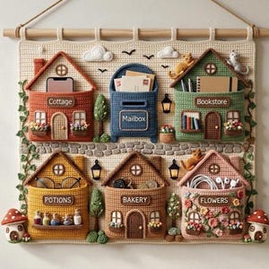 Puede incluir: Un organizador de pared de ganchillo color crema con seis bolsillos en forma de casa etiquetados como Cottage, Mailbox, Bookstore, Potions, Bakery y Flowers. La pieza incluye elementos decorativos como árboles, gatos, setas y flores, colgados de una varilla de madera.