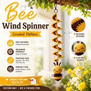 Könnte beinhalten: Eine Häkelanleitung für ein Bienen-Windspiel mit dem Text Bee Wind Spinner Crochet Pattern, PDF Pattern, Beginner Friendly und Finished Size Approx. 50-60 cm. Das Bild zeigt ein spiralförmiges Windspiel aus gelbem und braunem Garn.