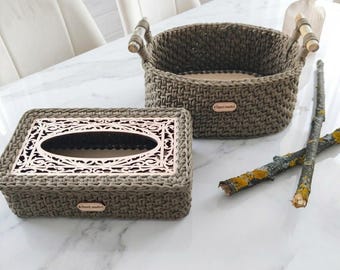 Woven Storage Basket and Carved Wood Tissue Box Cover| Crochet Bathroom Storage Set with Driftwood Handles | Boho Vanity Organizer Gift