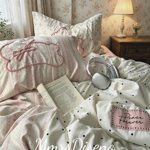 Patchwork Polka Dot Bunny Bedding Set, Soft Washed Cotton with Pink Towel Embroidery Rabbit, Romantic Minimal Girls Bedroom & Dorm Decor