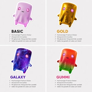 May include: Four character stickers labelled Basic, Gold, Galaxy, and Gummi. The Basic sticker is light pink, Gold is metallic yellow, Galaxy features a purple space print, and Gummi is a red-to-green gradient. Each has spiral eyes and a line mouth.