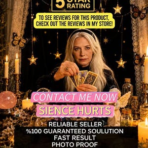 Könnte beinhalten: Eine Person mit langem blonden Haar hält drei Tarotkarten. Das Bild enthält den Text: 5 STAR RATING, TO SEE REVIEWS FOR THIS PRODUCT, CHECK OUT THE REVIEWS IN MY STORE, CONTACT ME NOW, SIENCE HURTS, RELIABLE SELLER, 100% GUARANTEED SOULUTION.