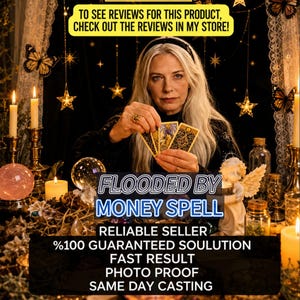 Könnte beinhalten: Eine Person mit langem blonden Haar hält drei Tarotkarten. Der Text lautet: TO SEE REVIEWS FOR THIS PRODUCT, CHECK OUT THE REVIEWS IN MY STORE! FLOODED BY MONEY SPELL. RELIABLE SELLER %100 GUARANTEED SOULUTION FAST RESULT PHOTO PROOF SAME DAY CASTING.