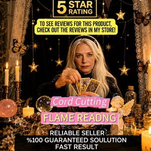 Könnte beinhalten: Eine Person hält drei Tarotkarten mit dem Text 5 STAR RATING, TO SEE REVIEWS FOR THIS PRODUCT, CHECK OUT THE REVIEWS IN MY STORE, Cord Cutting, FLAME READNG, RELIABLE SELLER, 100% GUARANTEED SOULUTION, FAST RESULT, PHOTO PROOF, SAME DAY CASTING.