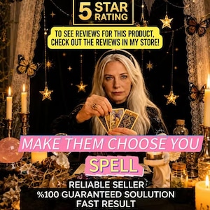 May include: A person holding three tarot cards with gold and black patterns. Text overlays include 5 STAR RATING, TO SEE REVIEWS FOR THIS PRODUCT, CHECK OUT THE REVIEWS IN MY STORE!, MAKE THEM CHOOSE YOU, SPELL, RELIABLE SELLER, %100 GUARANTEED SOULUTION, FAST RESULT, PHOTO PROOF, SAME DAY CASTING.