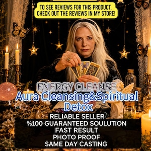 Könnte beinhalten: Eine Person mit langem blonden Haar hält drei Tarotkarten. Das Bild enthält den Text ENERGY CLEANSE, Aura Cleansing & Spiritual Detox, RELIABLE SELLER, %100 GUARANTEED SOULUTION, FAST RESULT, PHOTO PROOF und SAME DAY CASTING.