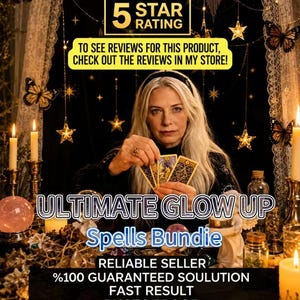 May include: A person holding three tarot cards with gold and black designs. Text reads: 5 STAR RATING, TO SEE REVIEWS FOR THIS PRODUCT, CHECK OUT THE REVIEWS IN MY STORE!, ULTIMATE GLOW UP Spells Bundle, RELIABLE SELLER, %100 GUARANTEED SOULUTION, FAST RESULT, PHOTO PROOF, SAME DAY CASTING.