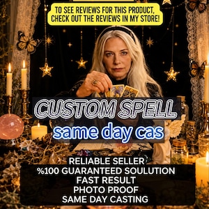 Könnte beinhalten: Eine Person mit langem blondem Haar hält Tarotkarten, umgeben von Kerzen, Kristallen und sternförmigen Lichtern. Die Texteinblendungen lauten: TO SEE REVIEWS FOR THIS PRODUCT, CHECK OUT THE REVIEWS IN MY STORE!, CUSTOM SPELL same day cas, RELIABLE SELLER.