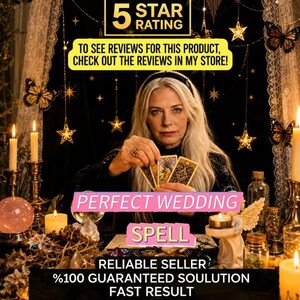 Könnte beinhalten: Eine Person hält drei Tarotkarten mit Texteinblendungen: 5 STAR RATING, TO SEE REVIEWS FOR THIS PRODUCT, CHECK OUT THE REVIEWS IN MY STORE, PERFECT WEDDING SPELL, RELIABLE SELLER, 100% GUARANTEED SOULUTION, FAST RESULT, PHOTO PROOF, SAME DAY CASTING.