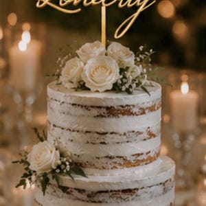 May include: A two-tiered wedding cake with white frosting and fresh roses. The cake is topped with a gold cake topper that reads "Mrs & Mrs Loneerly". The cake sits on a wooden cake stand.
