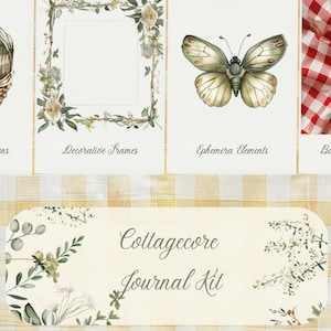 Peut inclure: Un kit de journal numérique comprenant quatre panneaux avec un panier de laine, un cadre floral, un papillon et un tissu vichy rouge. L'étiquette centrale affiche le texte Cottagecore Journal Kit entouré d'illustrations botaniques sur un fond à carreaux jaunes.