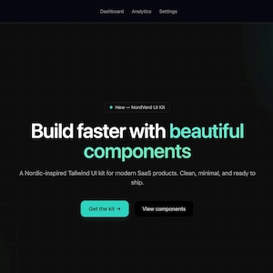May include: Dark background with the NordVerd logo and text: "Build faster with beautiful components." The text is in white and teal. Buttons say "Get the kit" and "View components."